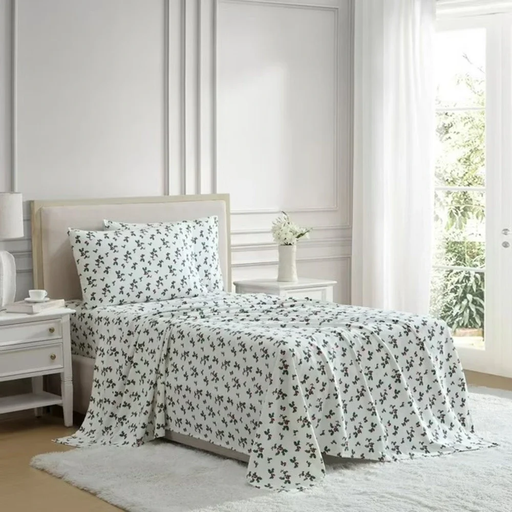 Lenox 6 Piece Flannel Sheet Set King Holly Green 100% Cotton Holiday Bedding